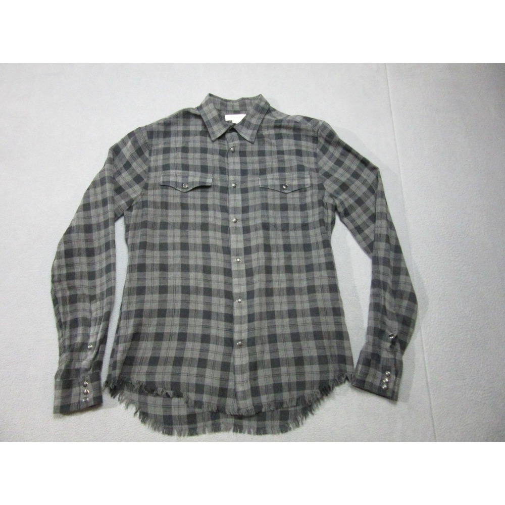 FRAME Shirt Mens Small Gray Plaid Flannel Slim Fit Western Pearl Snap Raw Hem